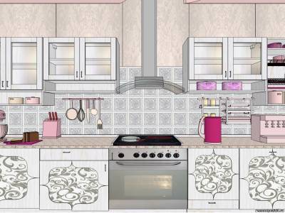 Na obrázku je šedo-fialová kuchyň s fasádami zdobená decoupage.