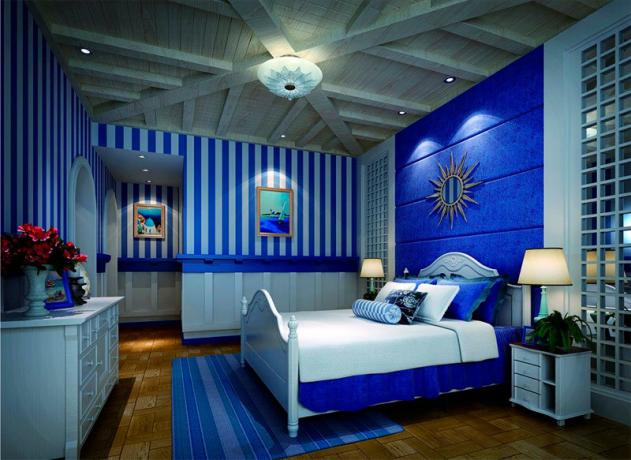 Fotografie ložnice s jedním modrým odstínem v celé místnosti