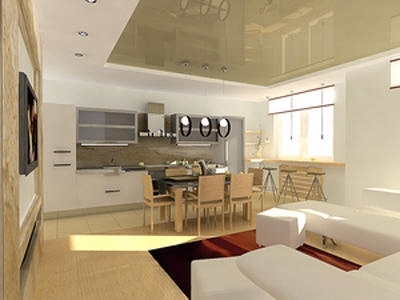 interiér společného obývacího pokoje a kuchyně
