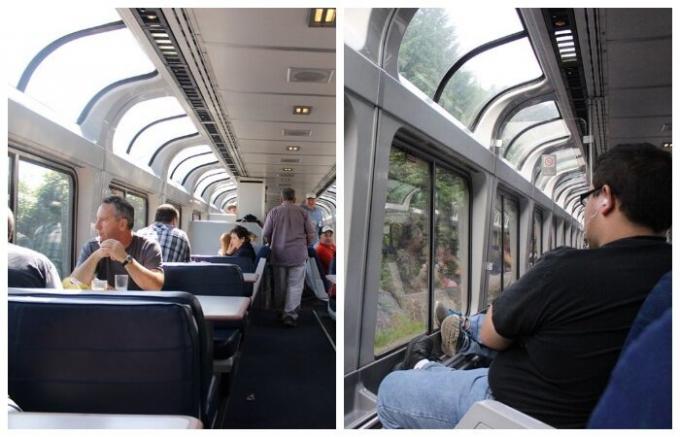Jídelní vůz a speciální exkurze vlak je vybaven panoramatickými okny, takže cestující mohou užít si scenérie (USA).