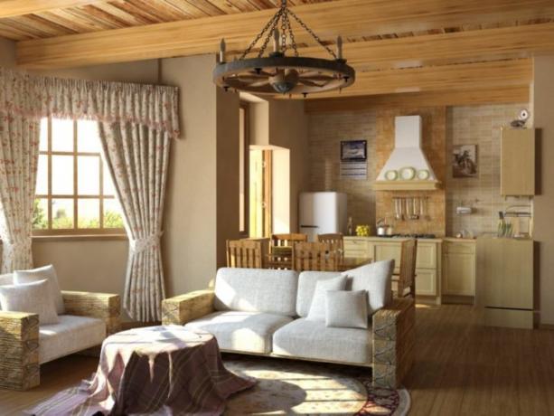 Obývací pokoj v rustikálním stylu Charakteristické povrchové úpravy pro rustikální jsou: