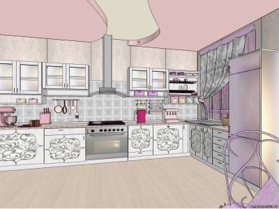 Design - projekt ve stylu shabby - šik: kuchyň v šedo-fialových tónech.