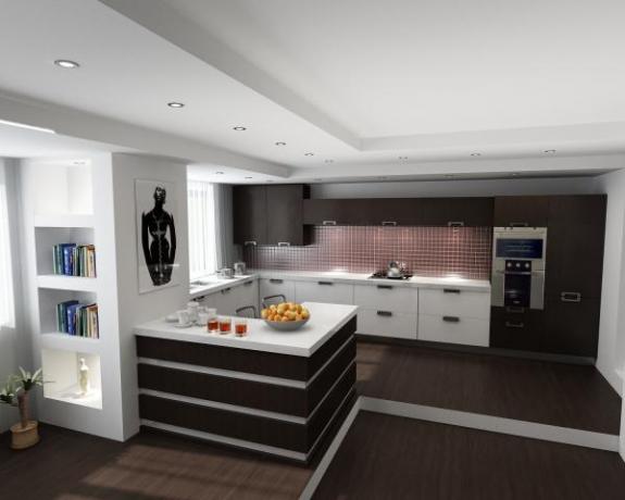 V interiérovém designu kuchyně a obývacího pokoje je rozšířené používání moderních stylů.