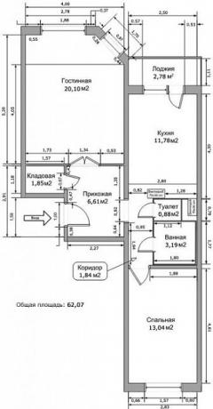 Dispozice dvoupokojového bytu v domě řady IP - 46S se všemi rozměry