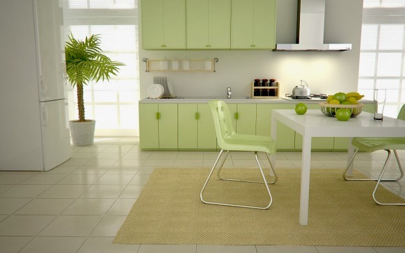 Bílá tapeta pro zelenou kuchyň, bude příznivě zdůrazňovat něhu světlých odstínů zeleně