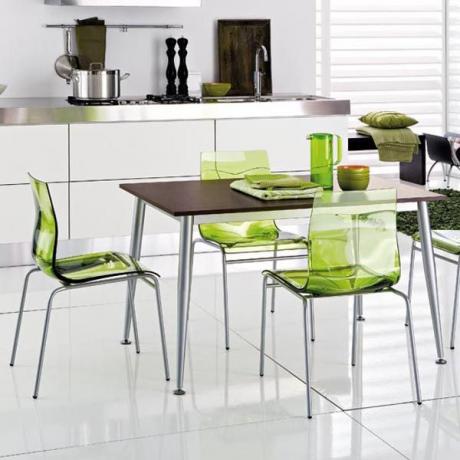 Světlé detaily, které promění interiér - zelené židle do kuchyně, barevné nádobí 
